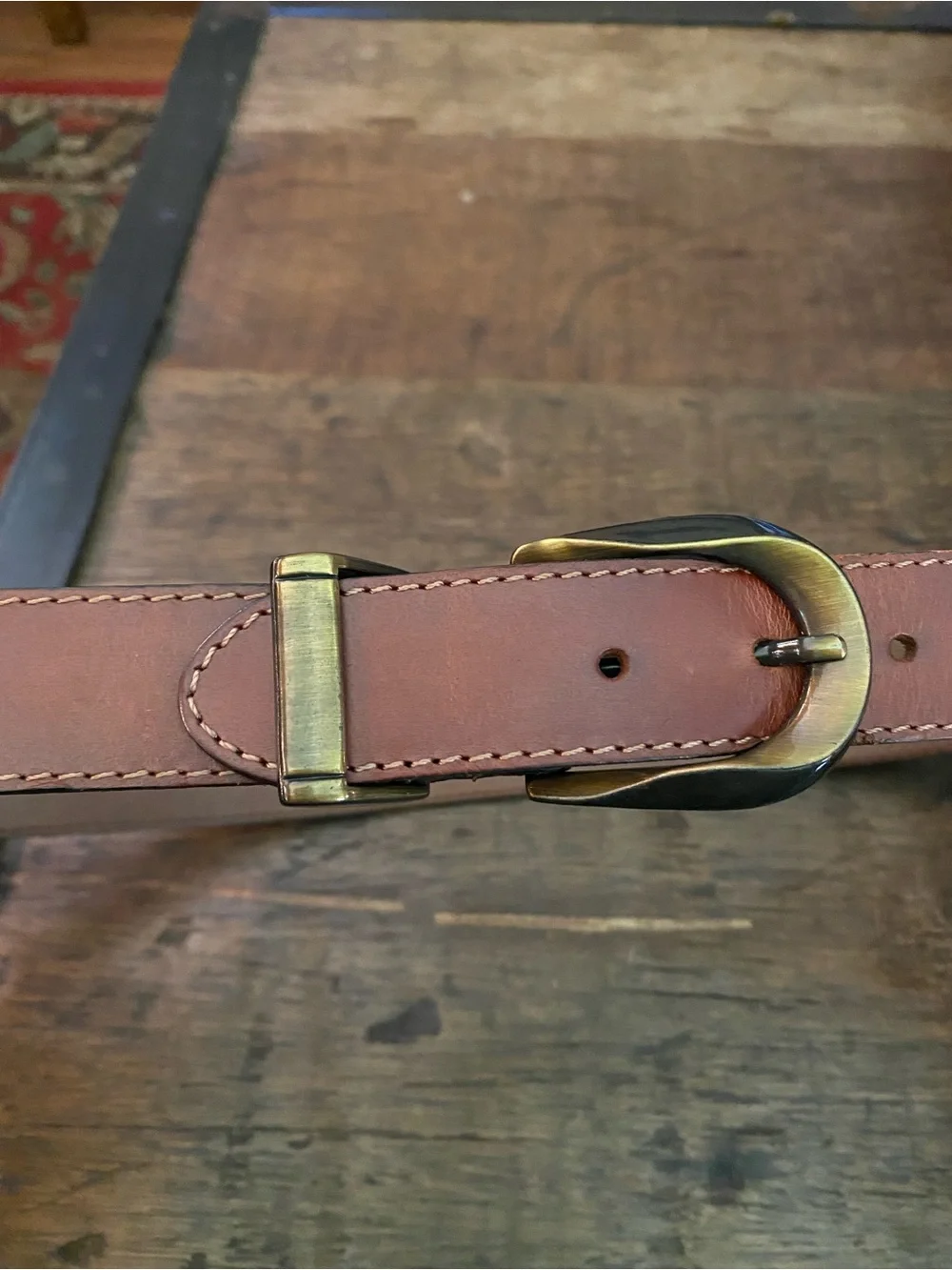 Vintage Brown Leather Women's Belt with Antique Brass Buckle